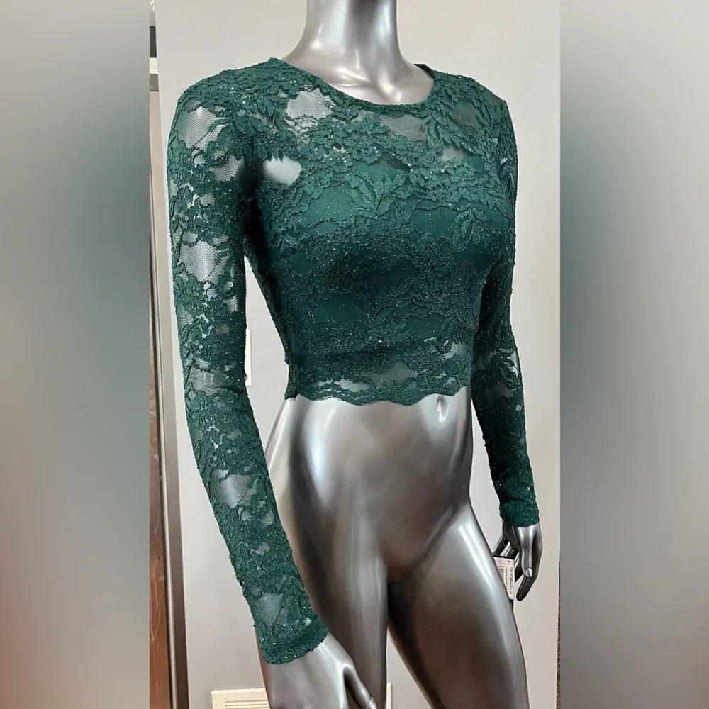 City Studio Emerald Green Lace Glitter Long Sleeves Cropped Top Juniors NWT